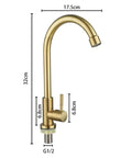 Stainless Steel Kitchen Faucet with Wall-Mounted Spray, Single Handle Cold Water Sink Tap for Top Mount Kitchen Sinks, Design for Modern Kitchens, gold finish with dimensions shown.