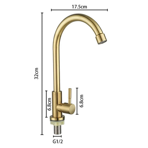 Stainless Steel Kitchen Faucet with Wall-Mounted Spray, Single Handle Cold Water Sink Tap for Top Mount Kitchen Sinks, Design for Modern Kitchens, gold finish with dimensions shown.