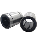 Two LM8 8x15x24 linear motion bearings, metal with seals; side and front views