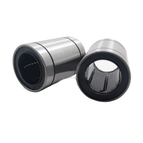 Two LM8 8x15x24 linear motion bearings, metal with seals; side and front views