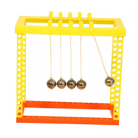 Newtons Cradle Desk Ball Set For Physics Fans And Science Nerds Glass Pendulum Balls, yellow and orange frame on white background.