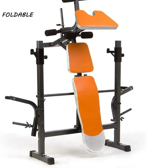 Foldable All In One Home Gym Dip Stands And Squat Rack Bench Press Station With orange pads, steel frame, suitable for weights
