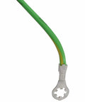 Close-up of green grounding wire connector for exhaust fan motor replacement