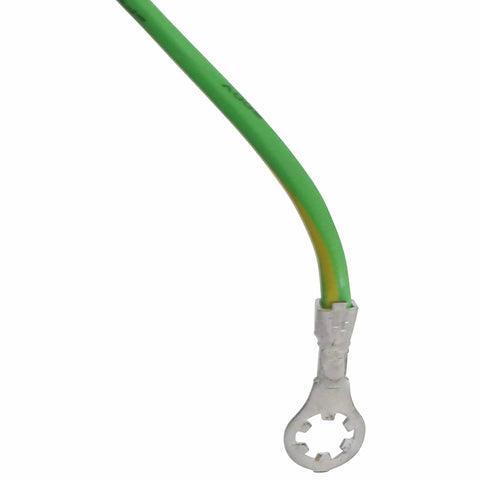 Close-up of green grounding wire connector for exhaust fan motor replacement