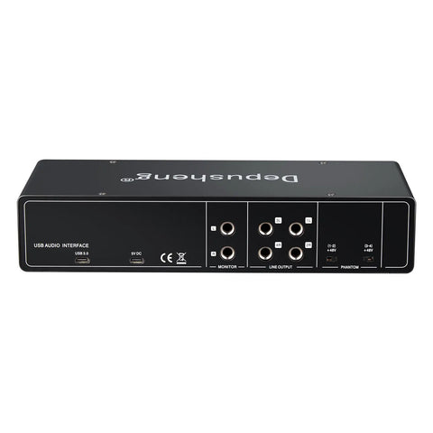 Back view of 4-Channel USB Audio Interface With ASIO, 24-Bit 192 KHz Recording, 48V Phantom Power, showing input/output ports.