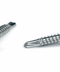 410 Stainless Steel Unslot Indent Hex Washer Head Screw 14-14X1 Three Point Drive, box of 70, close-up view