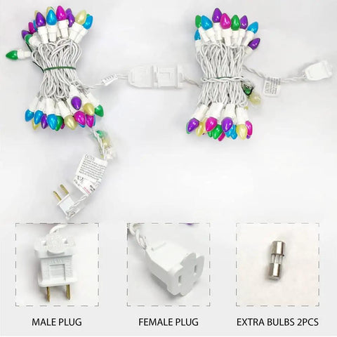 Pastel Easter String Lights 50 LED C3 Glass Bulbs, 12.5 Ft White Wire, UL Certified 120V Connectable, male and female plugs, extra bulbs