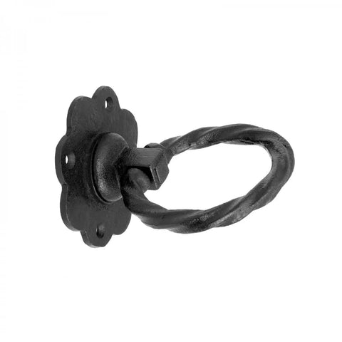 Kickstart Your Home Decor Game With This Straight Up Solid Black Wrought Iron Cabinet Handle Featuring Antique Flower Roped Detail And Rust Resistant Finish For Zero Stress Updates, side view.