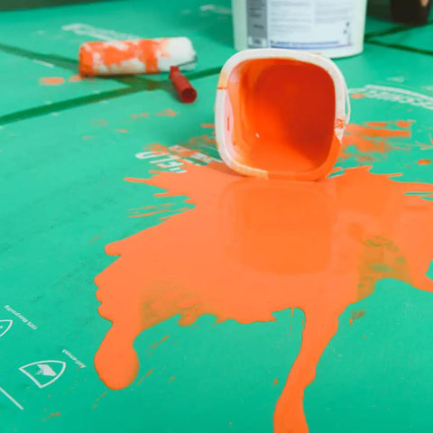 Orange paint spill on Pro Grade Heavy Duty Temporary Floor Protection Film For Construction And Renovation 39 Inch By 100 Foot Green Surface Shield For Hardwood Floors Tile And Painted Surfaces