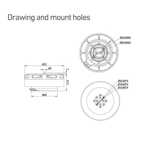 Workhorse Brushless Motor Built For Serious UAV Drones eVTOL Fixed Wing And Multirotor Quadcopters drawing with dimensions and mount holes.