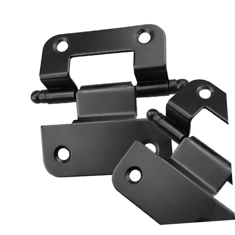 Concealed black iron cabinet door hinges set (10 pcs) with mounting plates, close-up view