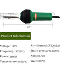 Heavy Duty 110V 1600W Hot Air Weld Gun for PVC and PP Plastics with specs displayed, green handle, 330mm length.