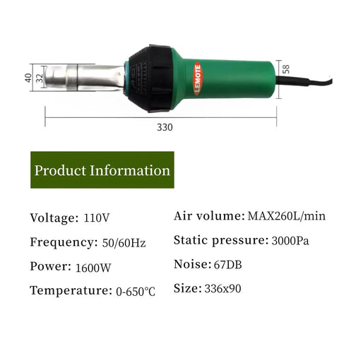 Heavy Duty 110V 1600W Hot Air Weld Gun for PVC and PP Plastics with specs displayed, green handle, 330mm length.