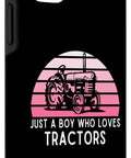 Just A Boy Who Loves Tractors Case For iPhone 15 with pink tractor design on black background