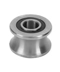 Top Shelf Stainless Steel U Groove Caster Wheel Featuring Slick Ball Bearings For Rock Solid Sliding Gate Tracks And Rugged Heavy Duty Trolley Systems, close-up view.