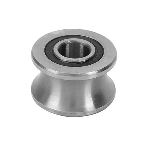 Top Shelf Stainless Steel U Groove Caster Wheel Featuring Slick Ball Bearings For Rock Solid Sliding Gate Tracks And Rugged Heavy Duty Trolley Systems, close-up view.