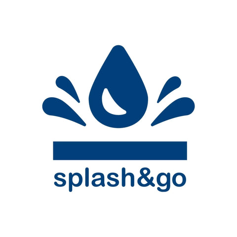 splash&go logo with water droplet and splashes in blue
