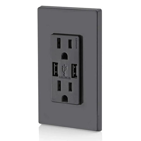 Black Type A USB In Wall Charger With 15A Tamper Resistant Outlet, Dual USB Ports Deliver 3.6A Smart Charging For Smartphones
