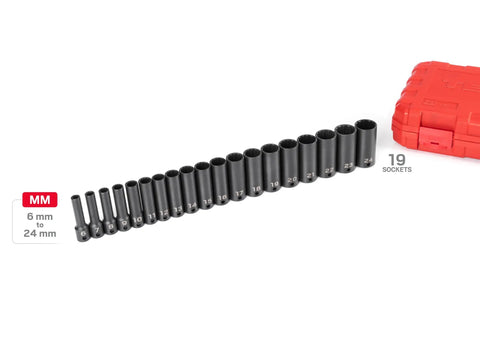 3/8 Inch Drive Deep 12-Point Impact Socket Set With Case, 19-Piece Metric Range 6-24 Mm shown with red storage case