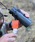 SPUDZ Ultra Microfiber Lens Cleaner orange closable pouch clipped to binoculars strap