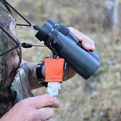 SPUDZ Ultra Microfiber Lens Cleaner orange closable pouch clipped to binoculars strap