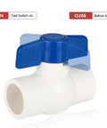 Close-up of Heavy Duty 1/2 Inch PVC Ball Valve Sch40 Socket To Socket Shut Off Valve With Blue Handle.