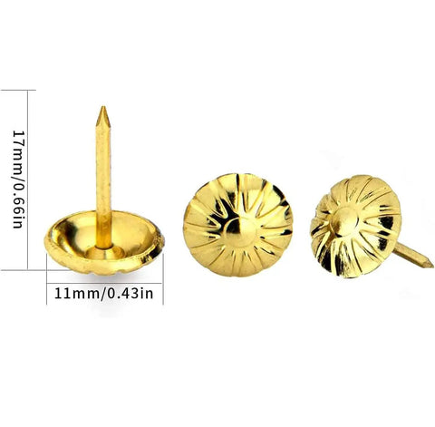 Top Tier 500 Piece Gold Metal Upholstery Tacks For Furniture Reupholstering And Cork Boards, showcasing size and design.