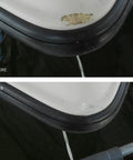 Before and after repair of a boat's fiberglass chip using 9 Second Chip Fix Oyster White Fiberglass Repair Filler For Boats And Gelcoat One Part Marine Epoxy Putty That Fills Adheres And Colors In One Tube No Sanding Needed Lifetime Durability showing color matching and seamless finish.