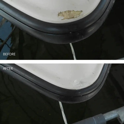 Before and after repair of a boat's fiberglass chip using 9 Second Chip Fix Oyster White Fiberglass Repair Filler For Boats And Gelcoat One Part Marine Epoxy Putty That Fills Adheres And Colors In One Tube No Sanding Needed Lifetime Durability showing color matching and seamless finish.