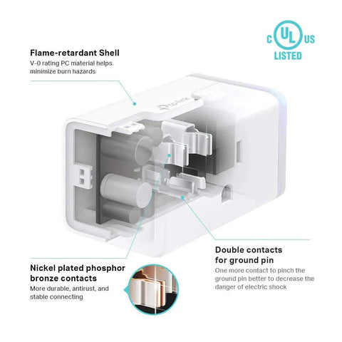 Cross-sectional view of Smart Plug Mini with energy monitoring, UL certified, showing internal components and flame-retardant shell.