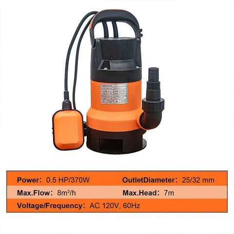 Heavy Duty 0.5 Hp Submersible Utility Pump Delivering A Sweet 3500 GPH Flow Rate, 110V Portable for clear water evacuation.