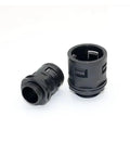 Heavy Duty Straight Corrugated Conduit Fitting Connector For Electrical Flexible Nylon Cable Hose Gland Rock Solid IP65 Waterproof Rated Black. Close-up of two black nylon fittings.