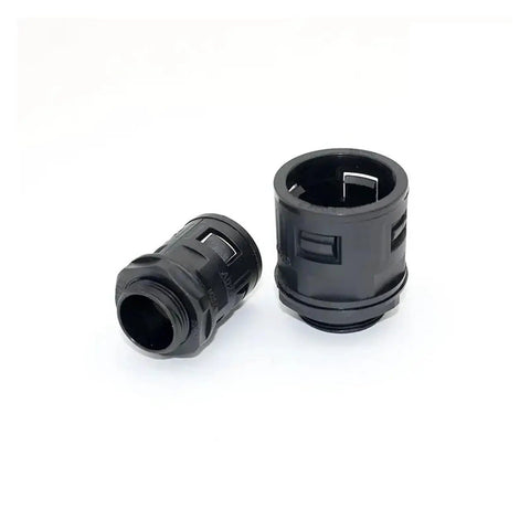 Heavy Duty Straight Corrugated Conduit Fitting Connector For Electrical Flexible Nylon Cable Hose Gland Rock Solid IP65 Waterproof Rated Black. Close-up of two black nylon fittings.