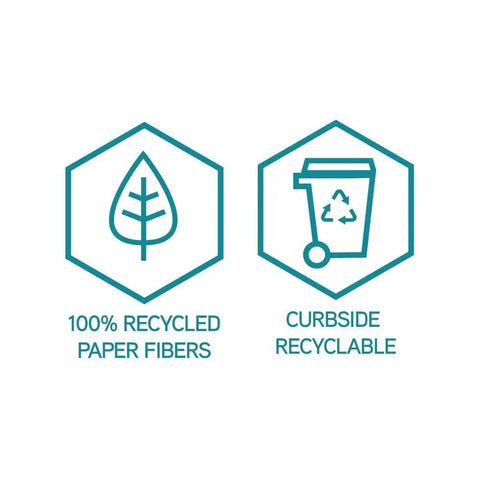 Icons showing 100% recycled paper fibers and curbside recyclable for Padded Shipping Mailers Self Seal Heavy Duty Recycled Cushioned Envelopes Pack of 100 Size Seven Point Two Five By Twelve Inches Kraft Brown For Secure Easy Open Shipping Protection.