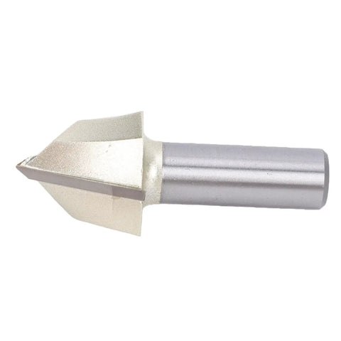 Top Tier 90 Degree V Groove Router Bit With 1/2 Inch Shank For Woodworking Projects, angled view showing steel edge and shank.