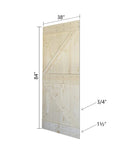 Side view of unfinished solid wood double sliding barn door kit panel, 84 inches high, DIY ready, showing wood thickness and dimensions.