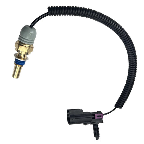 Front view of FainWan radiator coolant temp sensor pigtail; gray top, brass body, blue seal, black corrugated harness to 2-pin connector