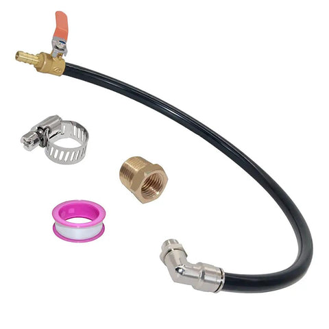 Extended Tank Drain Assembly Kit With Quarter NPT Elbow, Twenty Inch Nylon Tubing, Half Inch Outer Diameter Brass Ball Valve For Air Compressor