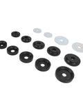 Sheet Metal Dimple Die Set in carbon steel with flared hole dies and backing discs for Harbor Hydraulic Punch Driver, laid out on white background.