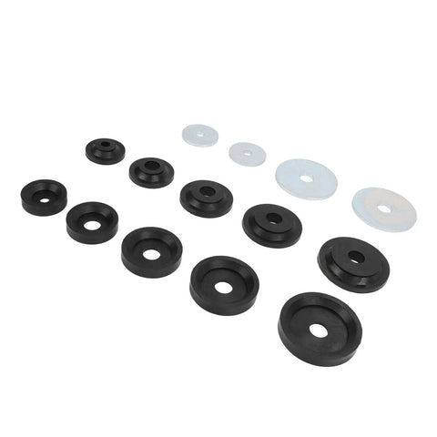 Sheet Metal Dimple Die Set in carbon steel with flared hole dies and backing discs for Harbor Hydraulic Punch Driver, laid out on white background.
