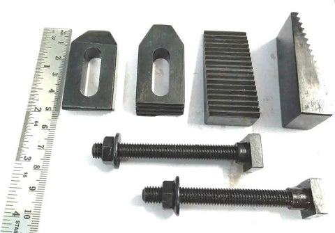 Beefy M8 Clamp Kit For HV4 HV6 Rotary Table Milling Face Plates And Vertical Slide, epoxy black, showing components with ruler