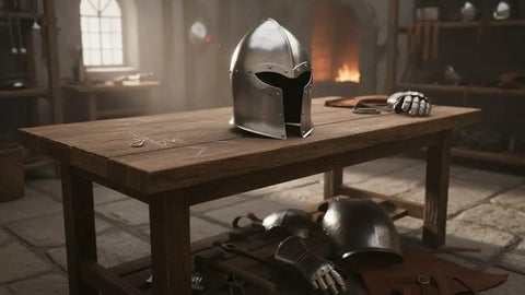 Medieval Barbuta Helmet With Liner for Larp, Cosplay, Halloween and Theatrical Props on workshop table