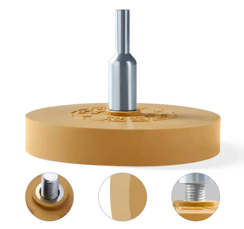 Decal Remover Eraser Wheel 2-Pack With Drill Adapter Kit showing soft rubber material and close-up of adapter connection