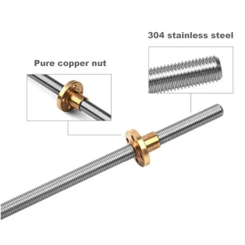 Heavy Duty Lead Screw Set for 3D Printers and CNC Machines, Stainless Steel Rod with Brass Nut, detailed view