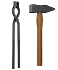 17 Inch Carbon Steel Blacksmith Tongs Set, 2 Piece Pro Grade Forging Tongs For Beginners To Pros next to a hammer