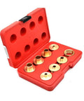 Pro Grade Router Template Guide Set Featuring Precise Metal Bushings in red case, 9 brass bushings for precision routing.