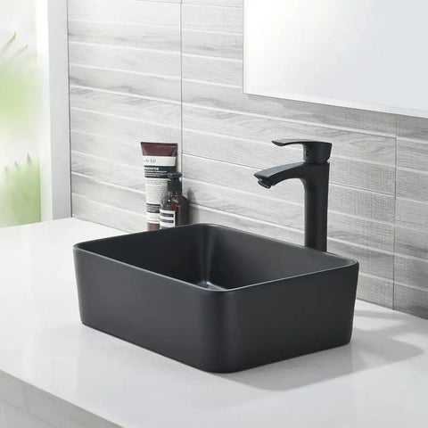 Matte Black Vessel Sink And Faucet Combo For Bathroom Above Counter Rectangular Ceramic Sink With Matte Black Faucet