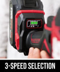 Rock Solid Brushless 20 Volt Compact Impact Driver Kit showing 3-speed selection dial with battery status indicator.