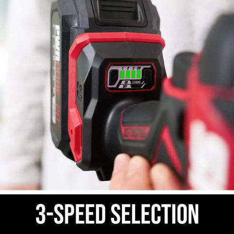 Rock Solid Brushless 20 Volt Compact Impact Driver Kit showing 3-speed selection dial with battery status indicator.