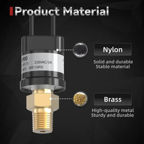 Air Compressor Pressure Switch 10 To 40 Psi Normally Open One Eighth NPT Brass Body With 30 Centimeter Wire Leads, brass material